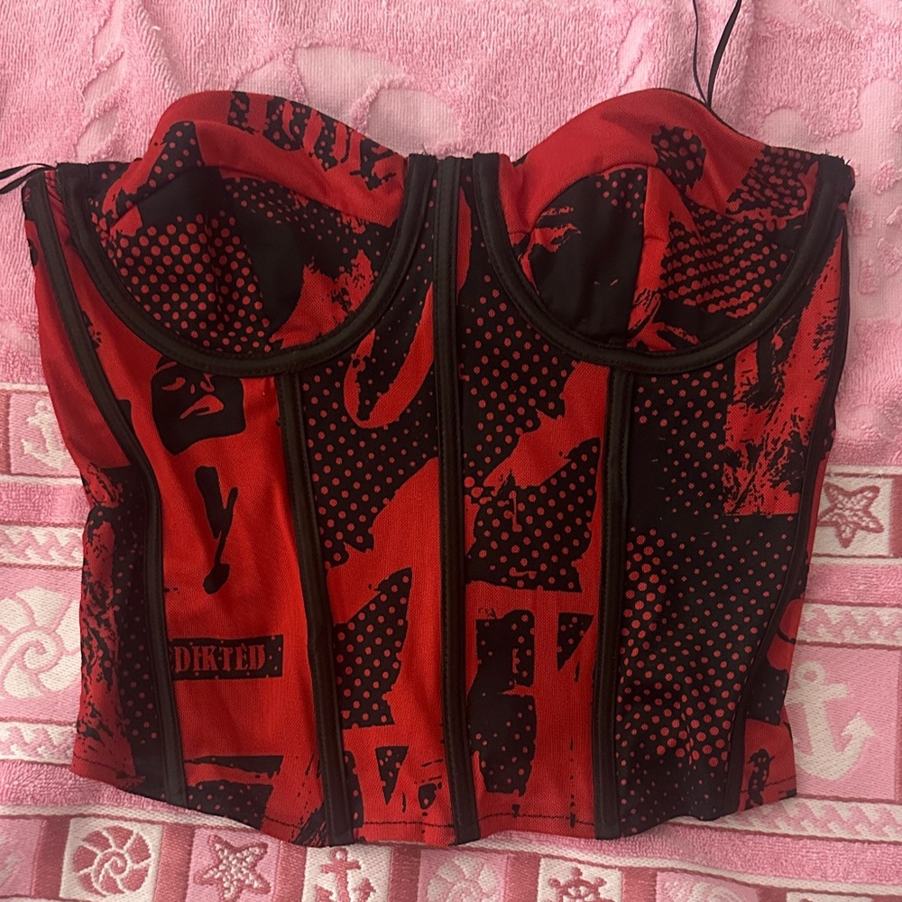 Edikted Red and Black Graphic Bustier Bodysuit